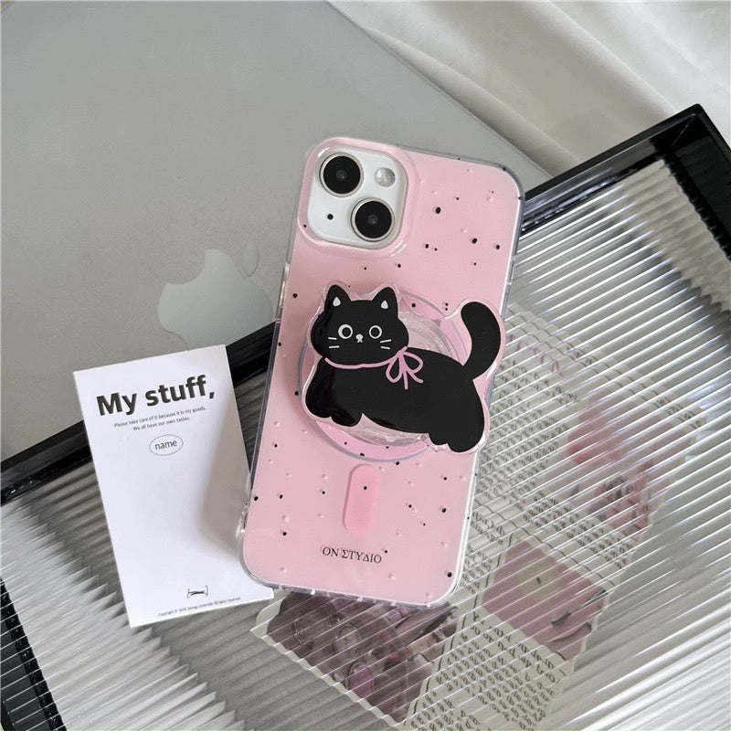 Black & Pink Cat Magsafe Grip iPhone Case